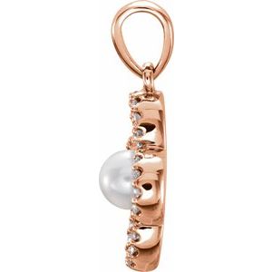 14K Rose Gold Cultured White Freshwater Pearl & 1/8 CTW Natural Diamond Clover Pendant
