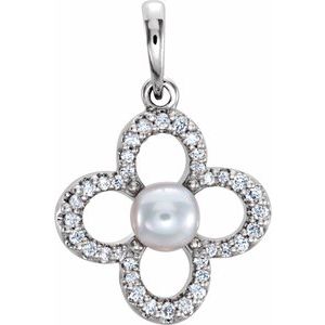 14K White Gold Cultured White Freshwater Pearl & 1/8 CTW Natural Diamond Clover Pendant