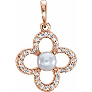 14K Rose Gold Cultured White Freshwater Pearl & 1/8 CTW Natural Diamond Clover Pendant