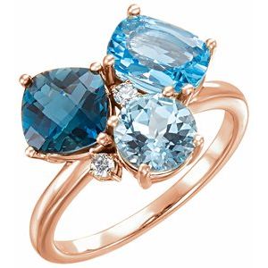 14K Rose Gold Natural Swiss Blue, Natural London Blue, & Natural Sky Blue Topaz & .05 CTW Natural Diamond Ring