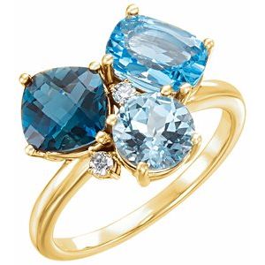 14K Yellow Gold Natural Swiss Blue, Natural London Blue, & Natural Sky Blue Topaz & .05 CTW Natural Diamond Ring