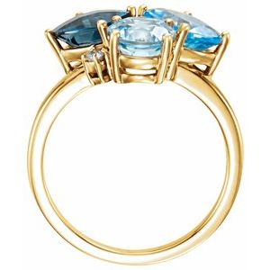 14K Yellow Gold Natural Swiss Blue, Natural London Blue, & Natural Sky Blue Topaz & .05 CTW Natural Diamond Ring