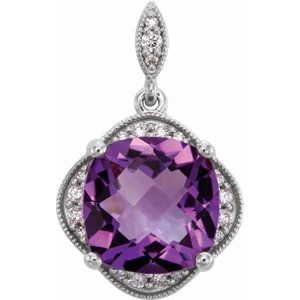 14K White Gold Checkerboard Natural Amethyst & 1/10 CTW Natural Diamond Pendant