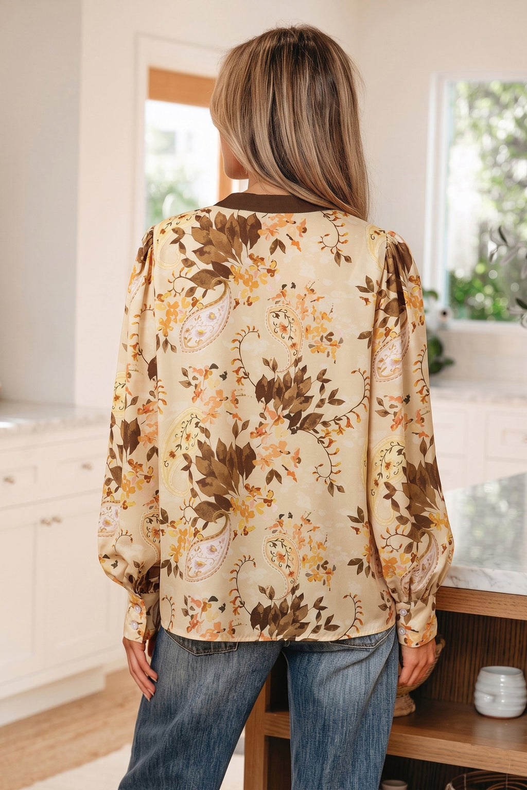 Paisley Tie Neck Long Sleeve Blouse