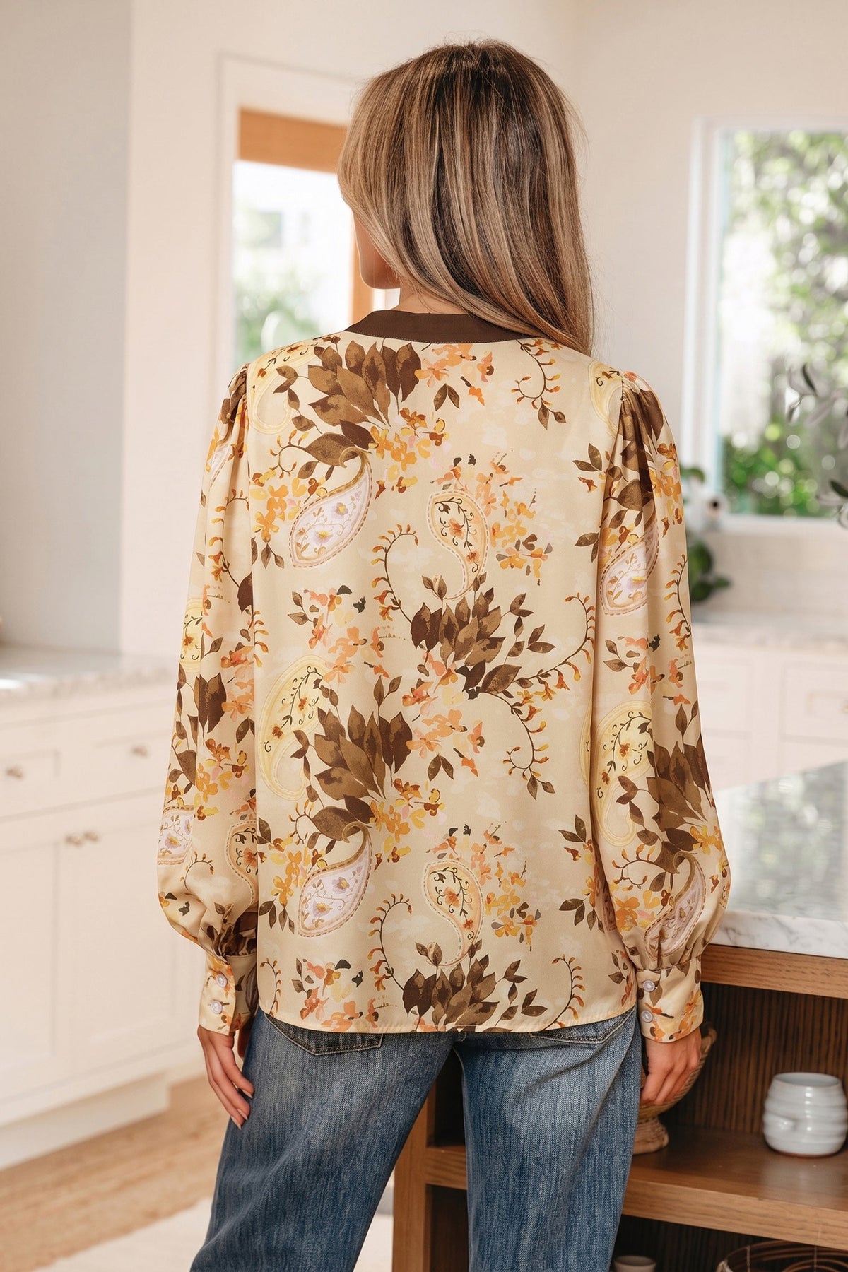 Paisley Tie Neck Long Sleeve Blouse