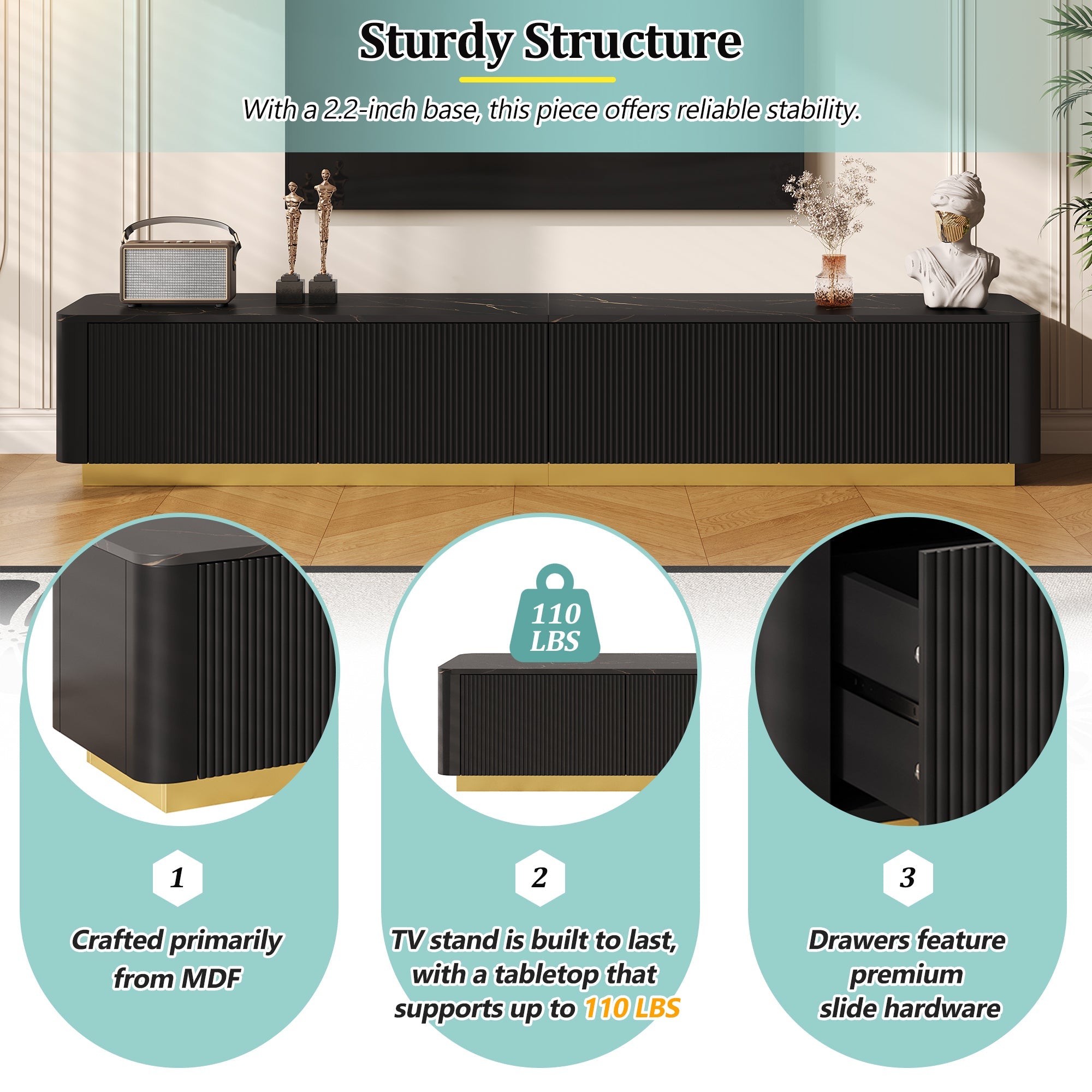 ON-TREND Luxury Fluted TV Stand for TVs Up to 85', Faux Marble Tabletop Media Console with 4 Drawers, Curved Profile Design, Modern Entertainment Center with Gold Base for Living Room, Black
