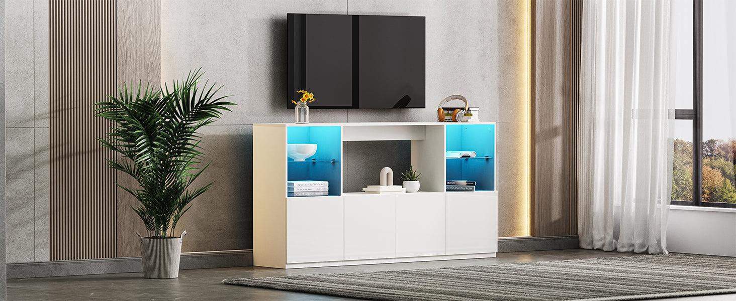 ON-TREND High Gloss TV Stand with LED Lights, Modern Sideboard with Large Storage Cabinet, Media Console with Tempered Glass Shelves for TVs up to 75', Living Room, White, 67'Wx13.7'D