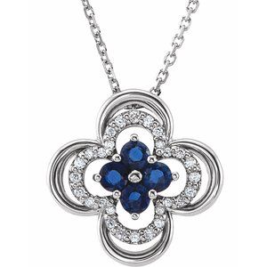 14K White Gold Natural Blue Sapphire & 1/10 CTW Natural Diamond Clover 18" Necklace