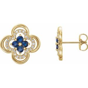 14K Yellow Gold Natural Blue Sapphire & 1/5 CTW Natural Diamond Clover Earrings