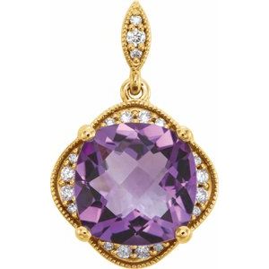 14K Yellow Gold Checkerboard Natural Amethyst & 1/10 CTW Natural Diamond Pendant