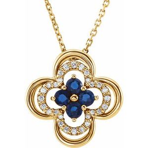 14K Yellow Gold Natural Blue Sapphire & 1/10 CTW Natural Diamond Clover 18" Necklace