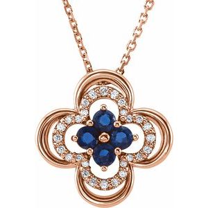 14K Rose Gold Natural Blue Sapphire & 1/10 CTW Natural Diamond Clover 18" Necklace