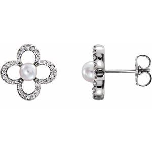 14K White Gold Cultured White Freshwater Pearl & 1/4 CTW Natural Diamond Earrings