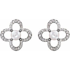 14K White Gold Cultured White Freshwater Pearl & 1/4 CTW Natural Diamond Earrings