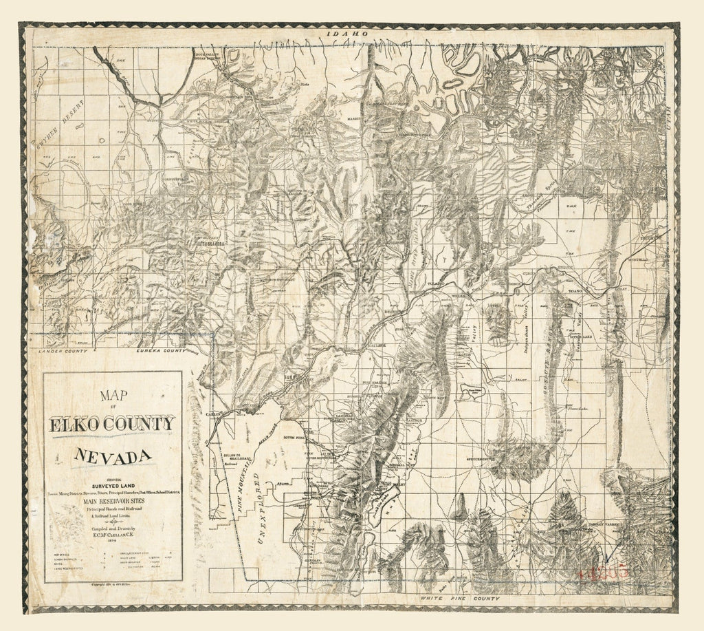 Vintage Map of Elko County, Nevada 1894