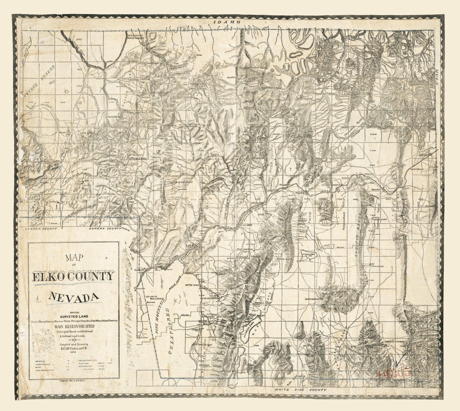Vintage Map of Elko County, Nevada 1894