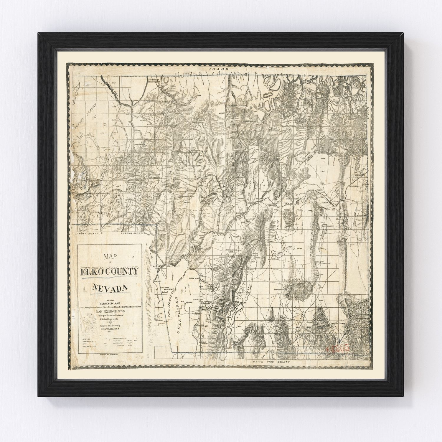 Vintage Map of Elko County, Nevada 1894
