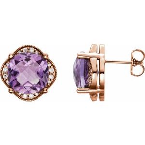 14K Rose Gold Checkerboard Natural Amethyst & 1/5 CTW Natural Diamond Earrings