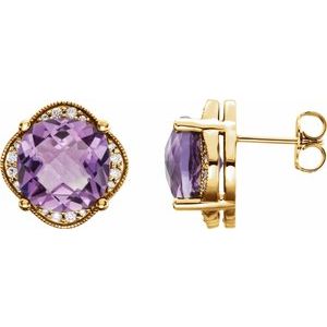 14K Yellow Gold Checkerboard Natural Amethyst & 1/5 CTW Natural Diamond Earrings