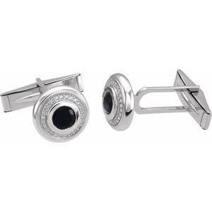 14K White Gold Natural Black Onyx & 1/8 CTW Natural Diamond Cuff Links