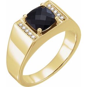 14K Yellow Gold Natural Black Onyx & 1/10 CTW Natural Diamond Ring