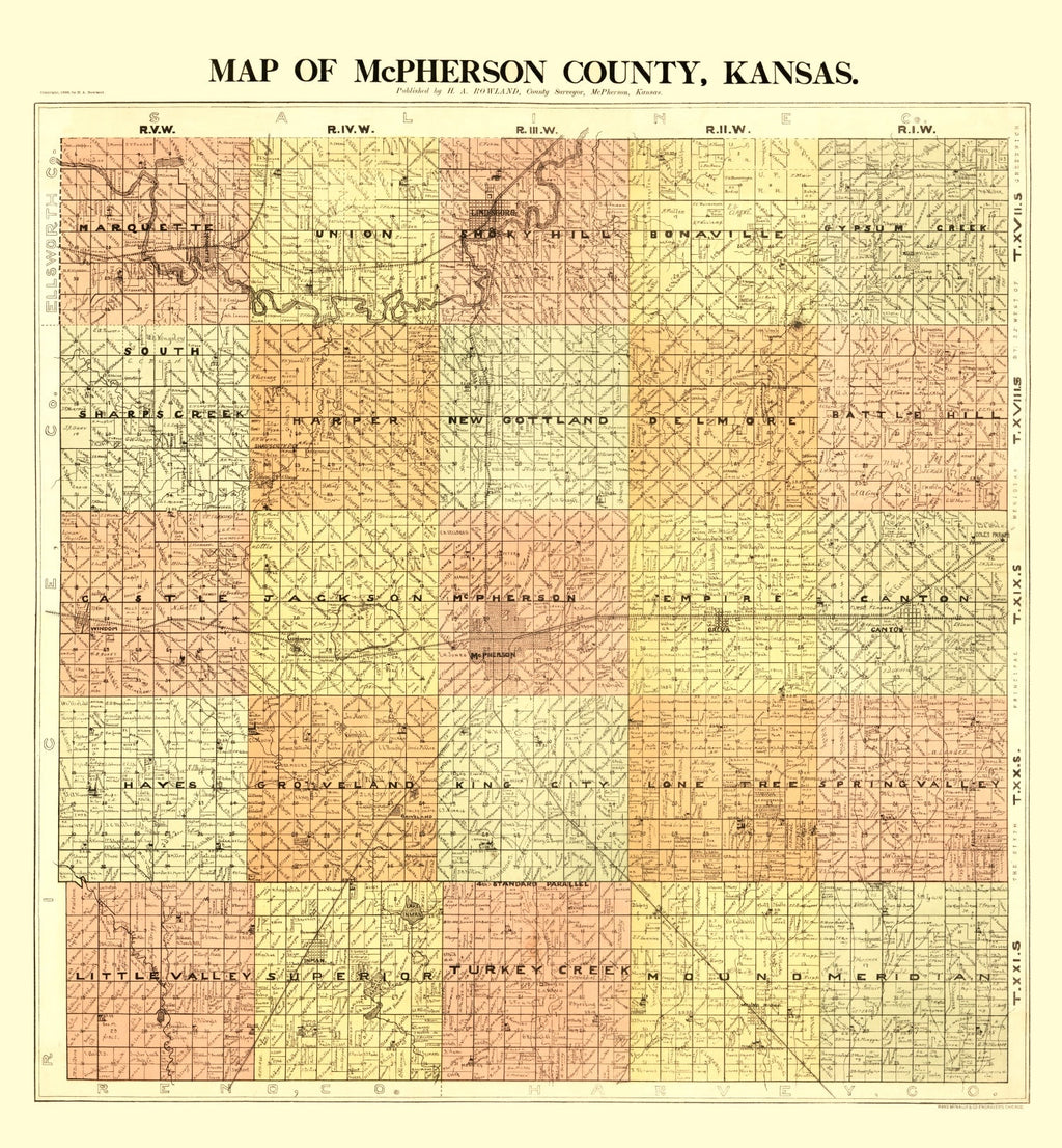 Vintage Map of McPherson County, Kansas 1898
