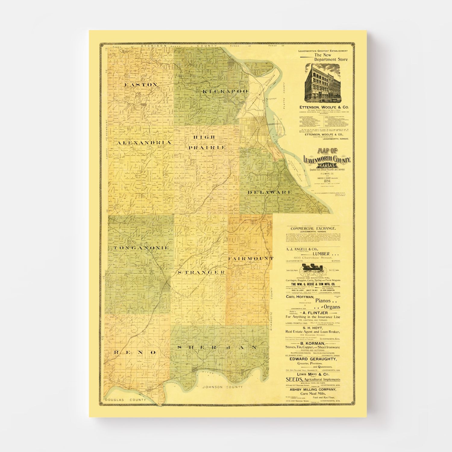 Vintage Map of Leavenworth County, Kansas 1894
