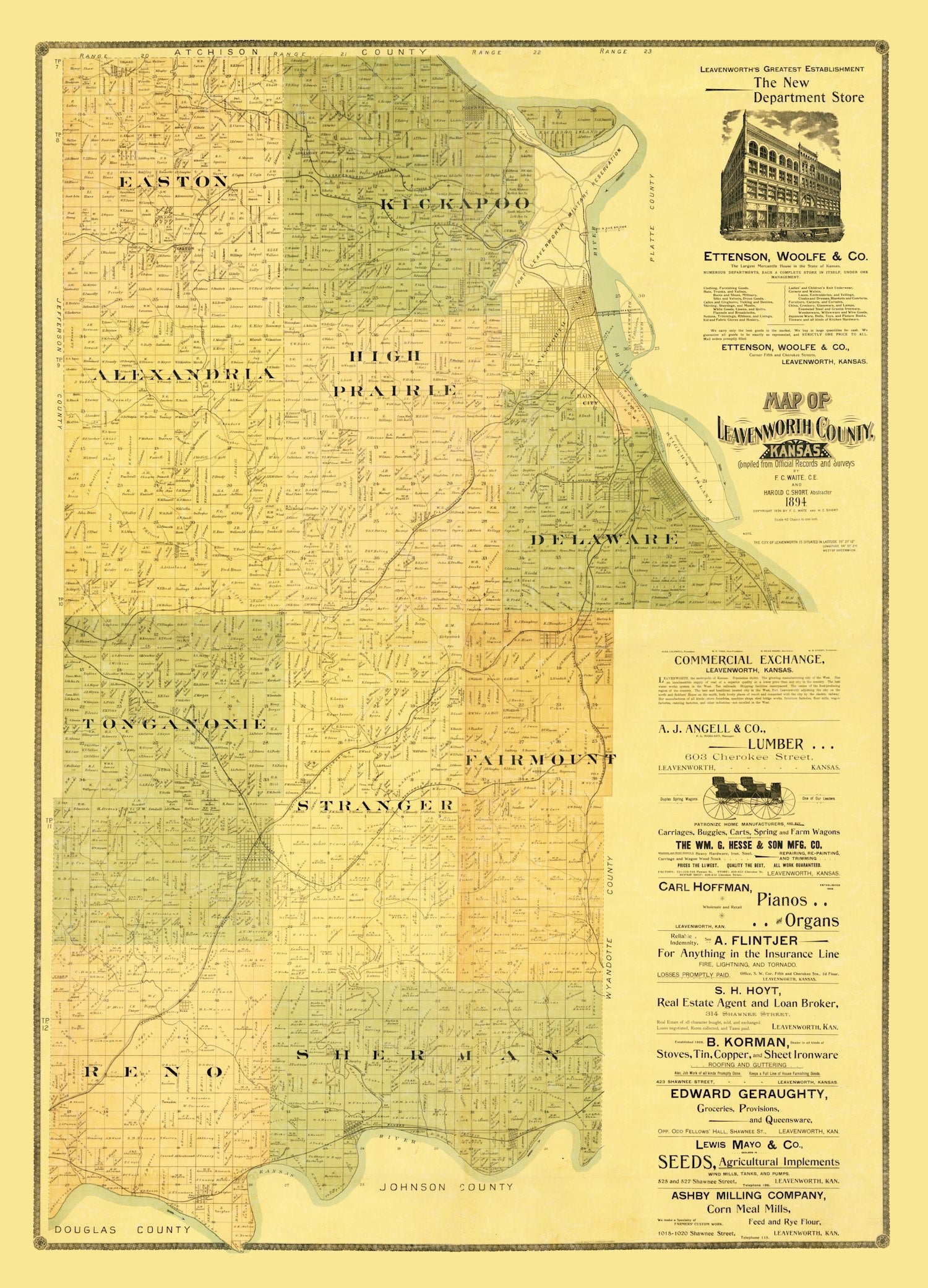 Vintage Map of Leavenworth County, Kansas 1894