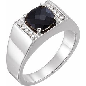 14K White Gold Natural Black Onyx & 1/10 CTW Natural Diamond Ring