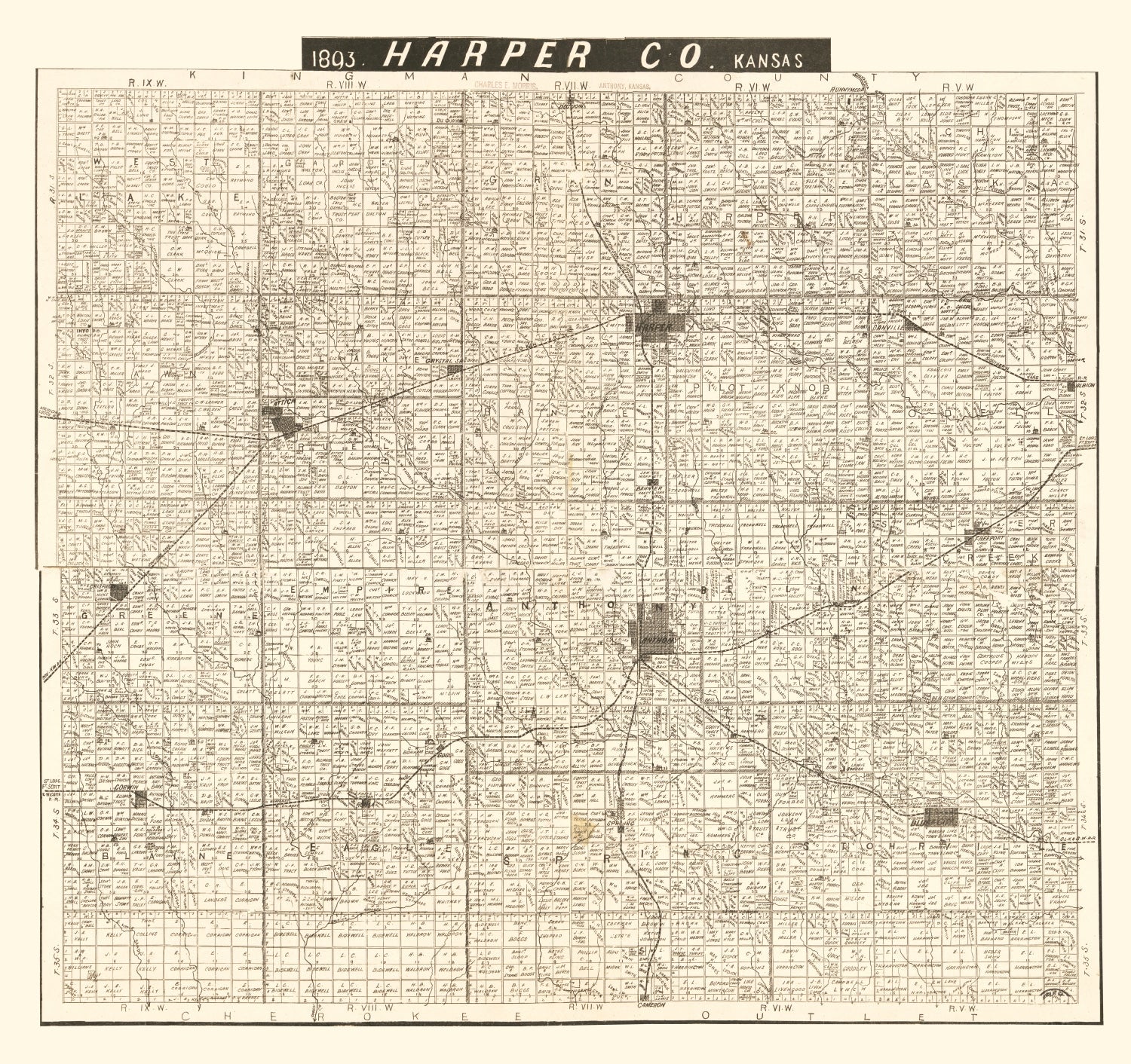 Vintage Map of Harper County, Kansas 1893