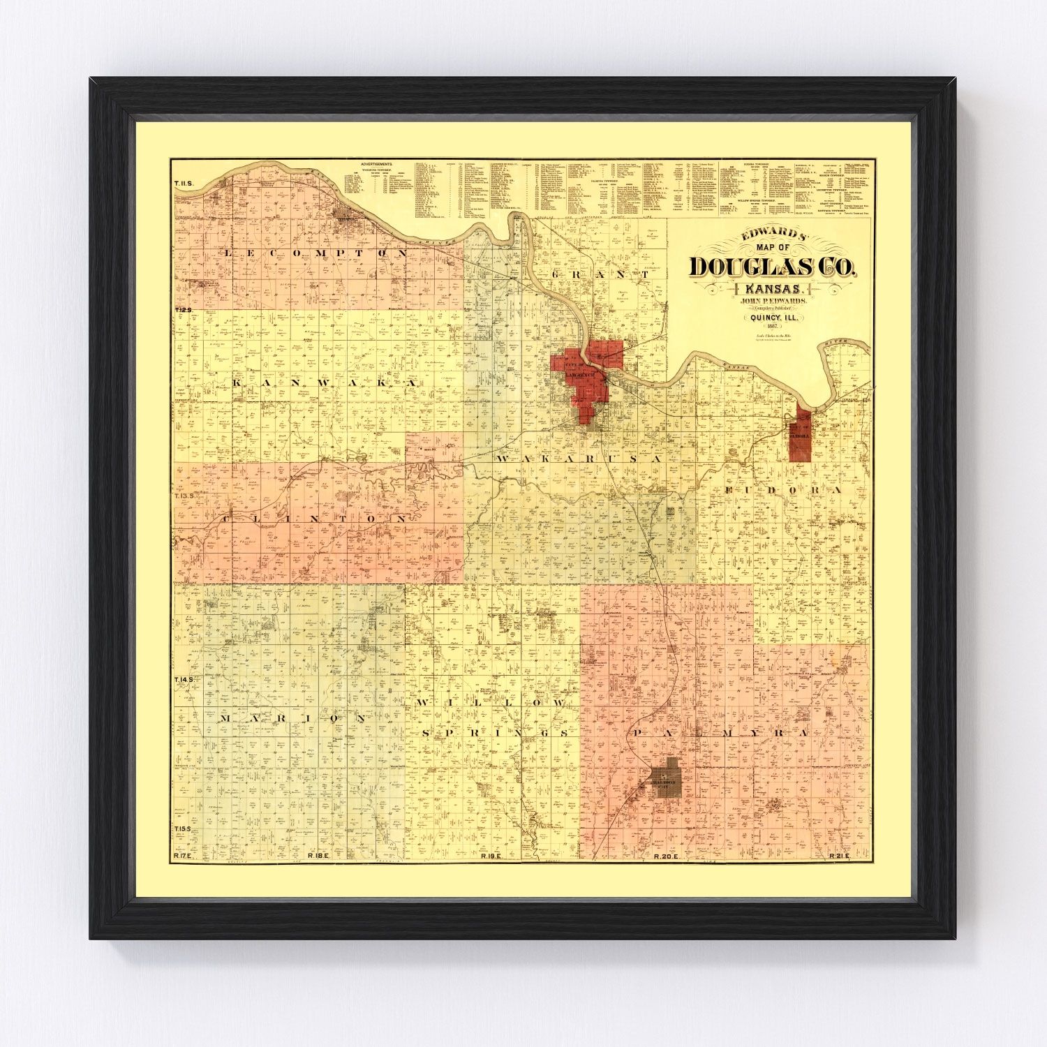Vintage Map of Douglas County, Kansas 1887