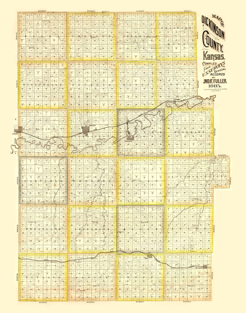 Vintage Map of Dickinson County, Kansas 1885