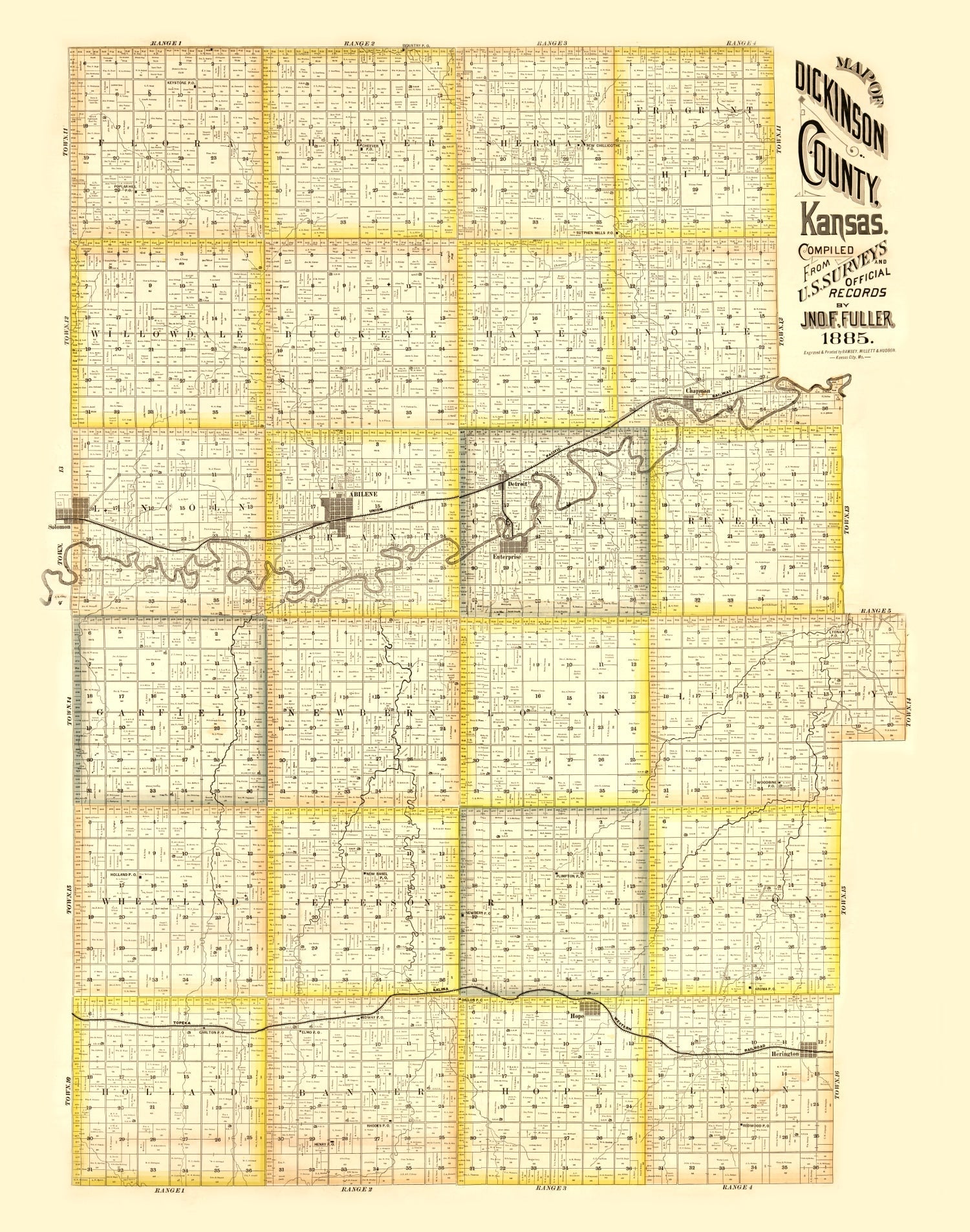 Vintage Map of Dickinson County, Kansas 1885