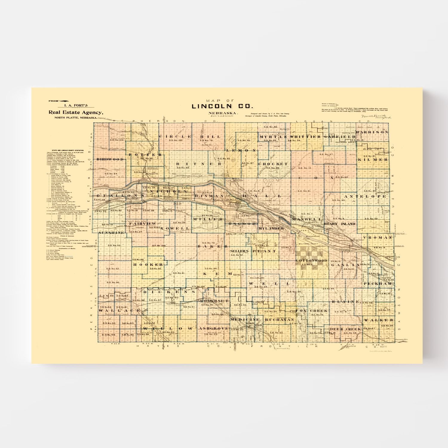 Vintage Map of Lincoln County, Nebraska 1894