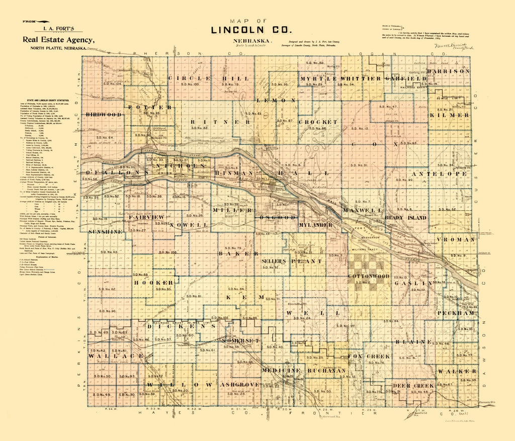 Vintage Map of Lincoln County, Nebraska 1894