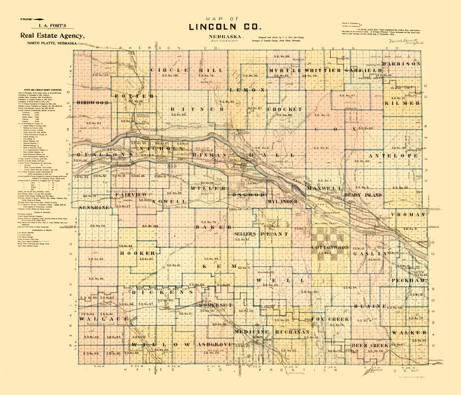 Vintage Map of Lincoln County, Nebraska 1894