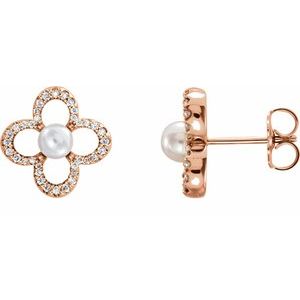 14K Rose Gold Cultured White Freshwater Pearl & 1/4 CTW Natural Diamond Earrings