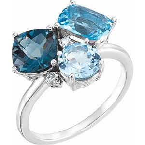 Platinum Natural Swiss Blue, Natural London Blue, & Natural Sky Blue Topaz & .05 CTW Natural Diamond Ring