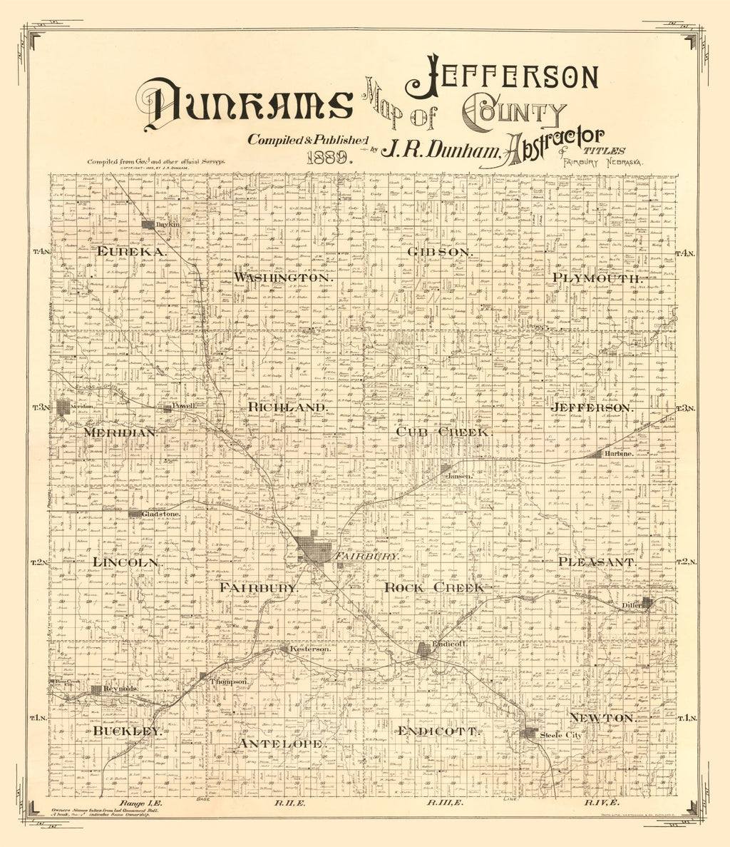 Vintage Map of Jefferson County, Nebraska 1889