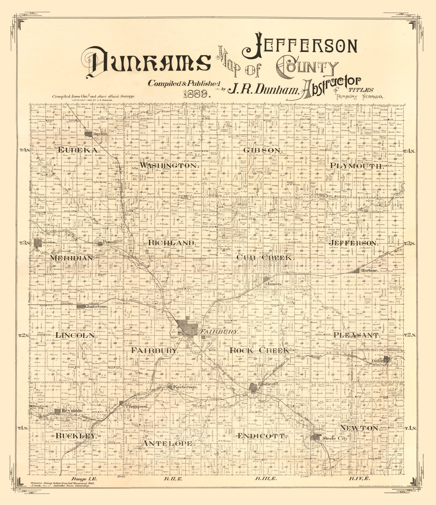 Vintage Map of Jefferson County, Nebraska 1889
