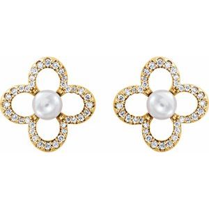 14K Yellow Gold Cultured White Freshwater Pearl & 1/4 CTW Natural Diamond Earrings