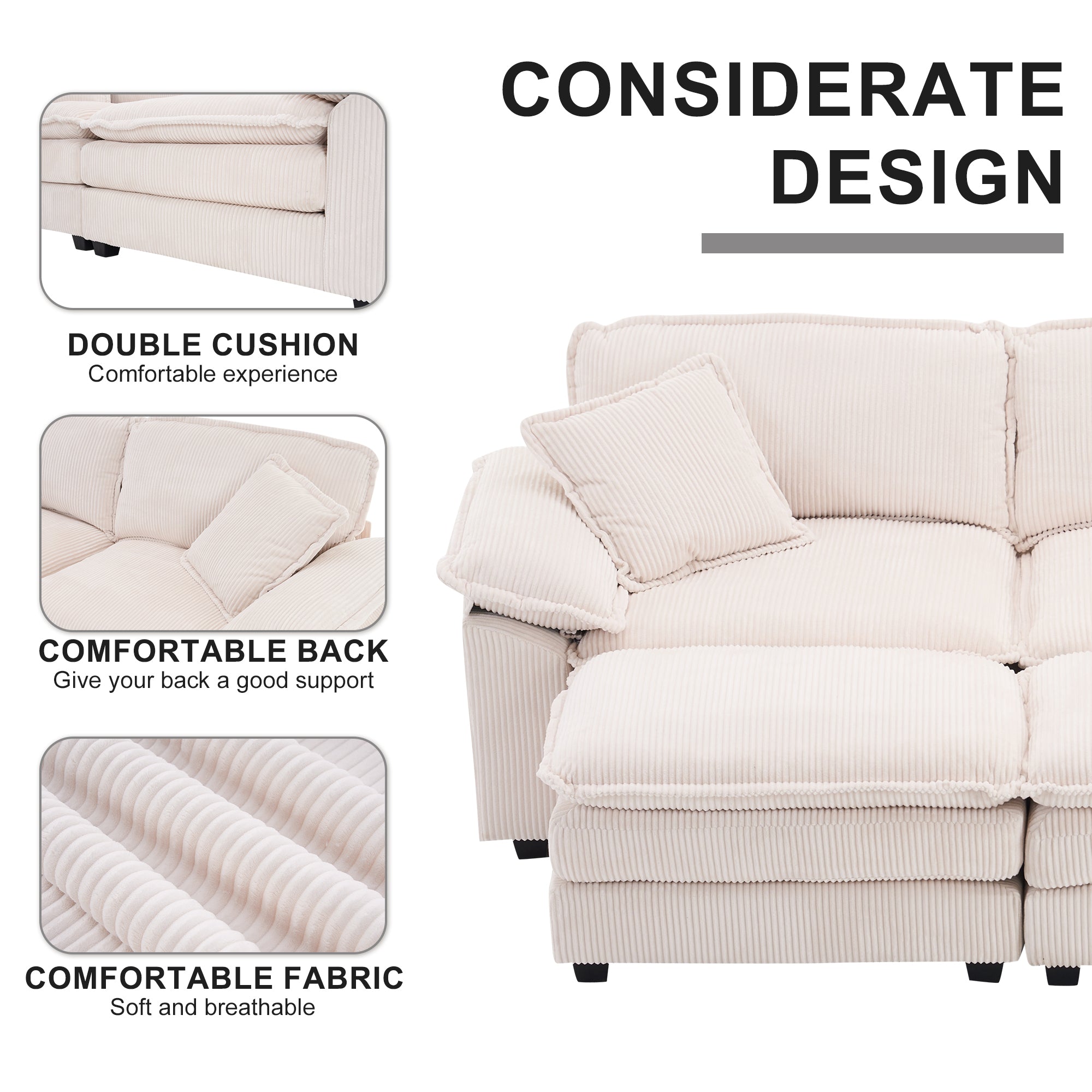 Corduroy 2-seats sofa With 2 back pillows,2 toss pillows and two ottoman,Comfy Sofa- Deep Seat Couch for Living Room,White
