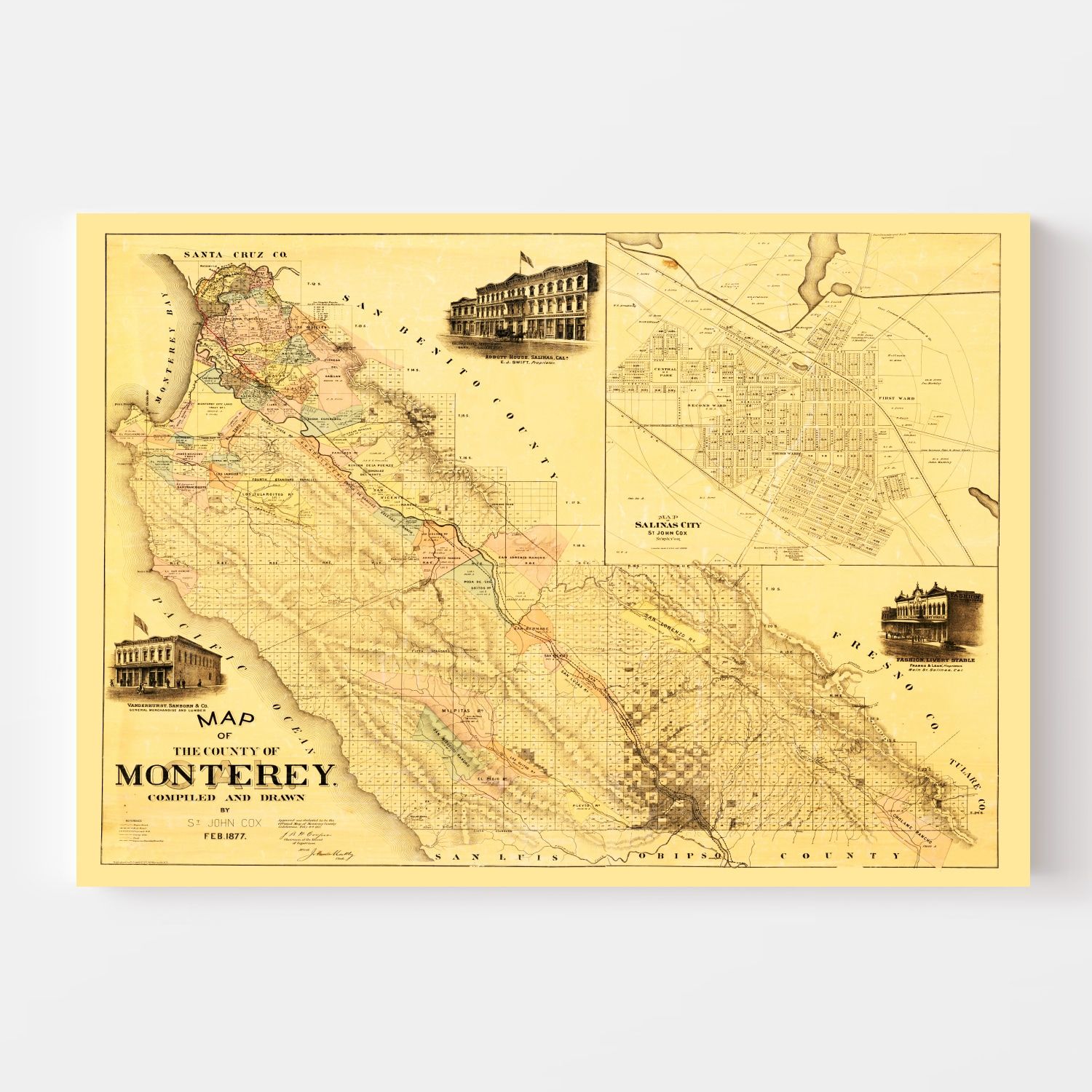 Vintage Map of Monterey County, California 1877