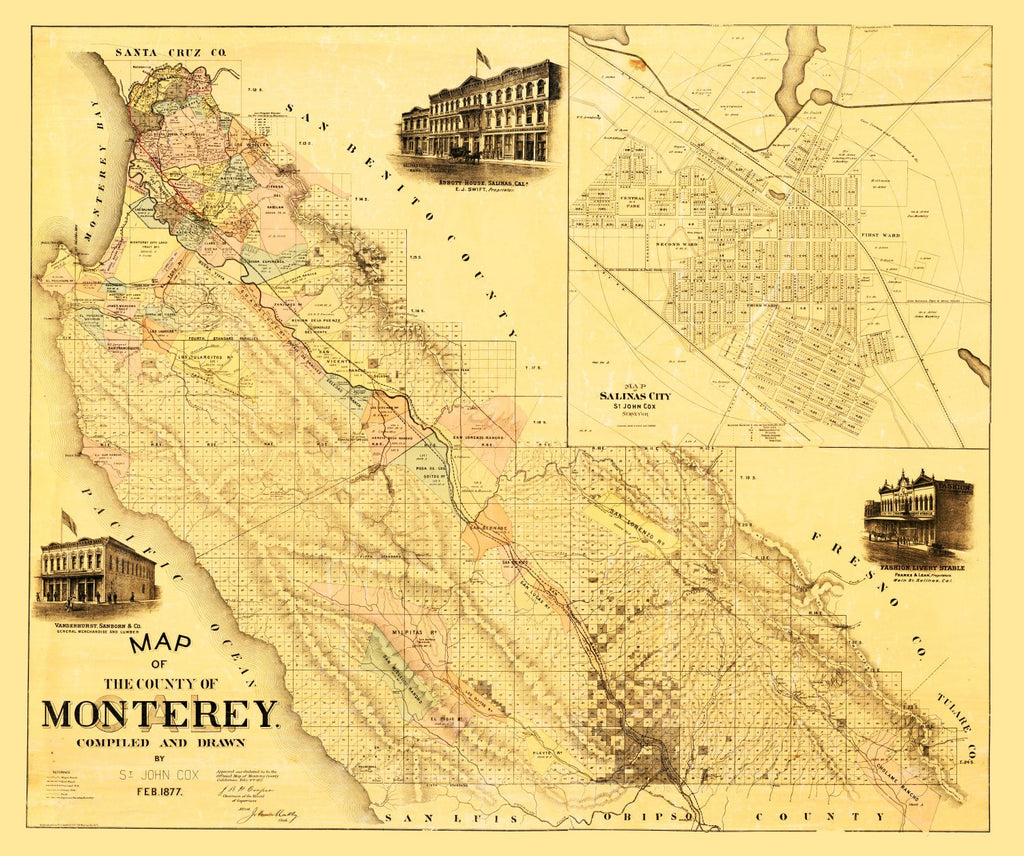 Vintage Map of Monterey County, California 1877