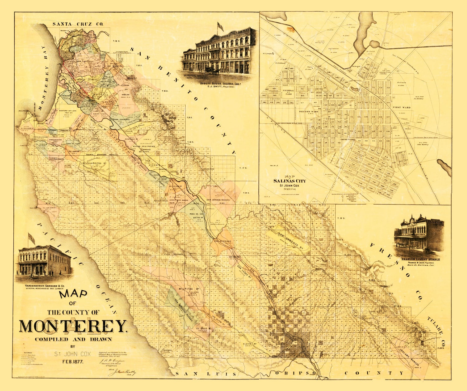 Vintage Map of Monterey County, California 1877