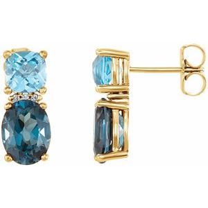 14K Yellow Gold Natural London Blue Topaz, Natural Swiss Blue Topaz & .03 CTW Natural Diamond Earrings
