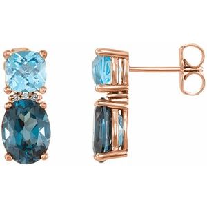 14K Rose Gold Natural London Blue Topaz, Natural Swiss Blue Topaz & .03 CTW Natural Diamond Earrings