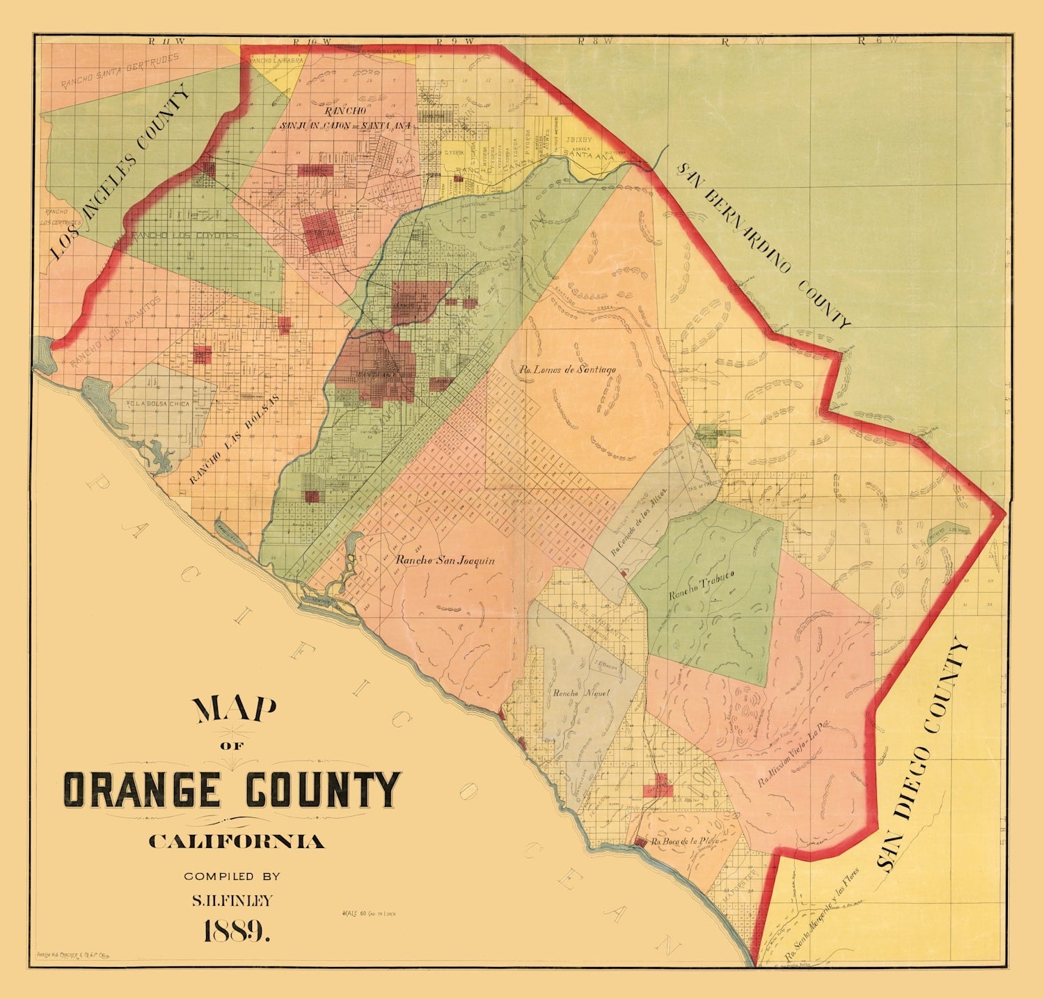 Vintage Map of Orange County, California 1889