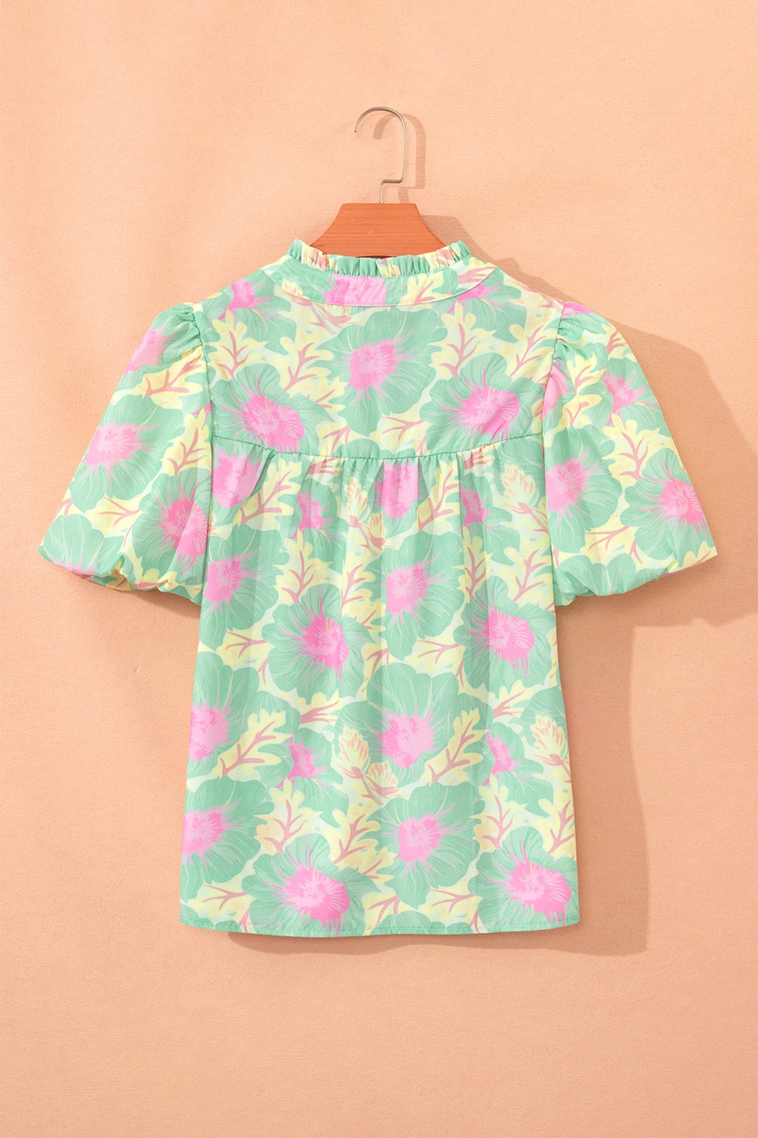 Floral Frilled V-Neck Bubble Sleeve Babydoll Blouse