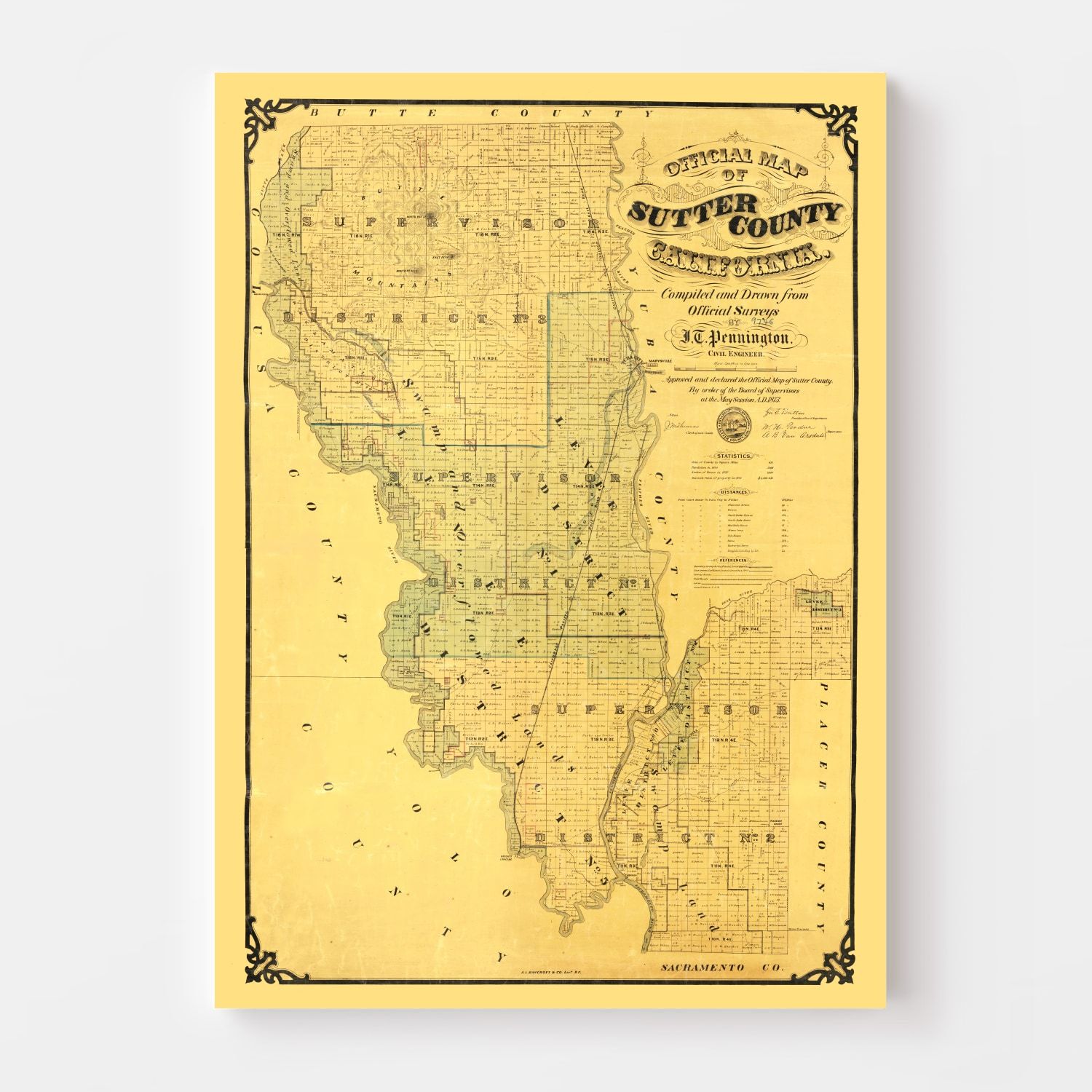 Vintage Map of Sutter County, California 1873